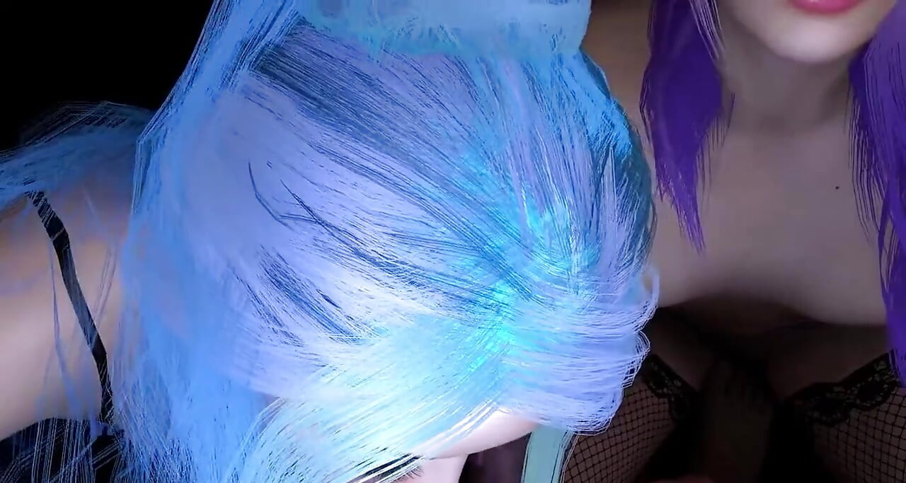 Deux filles aux cheveux colorés font une double pipe : porno 3D