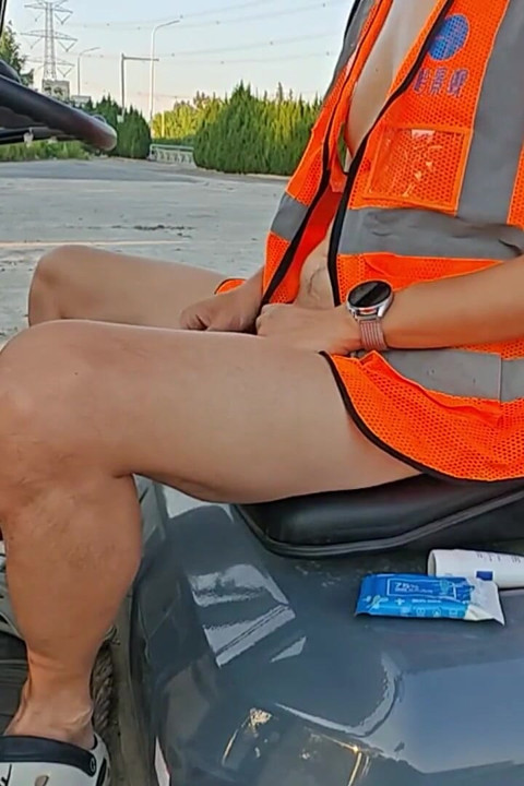 Naked Patrolling a Busy Road Construction Site and Masturbating on a Forklift