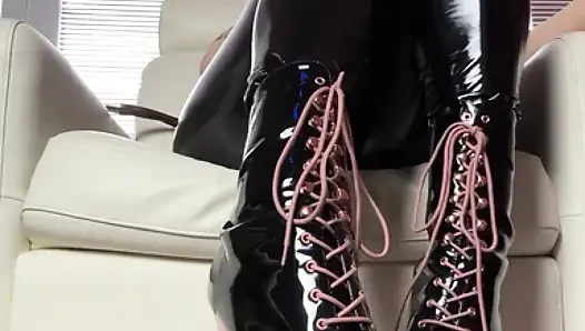 Crawl at my boots, hot mistress Kate in her latex and high heel boots