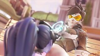 Widowmaker hace contacto visual sexy mientras come el coño de tracer