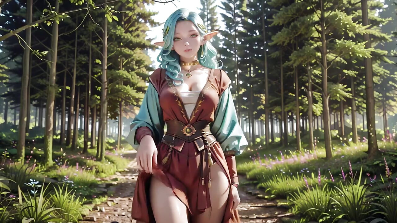 Forest Fantasy! Green-haired Mage & Blue Elf in a Private Walk, Kneeling under dappled sunlight with teasing wands.