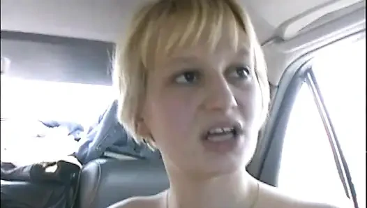 Horny Young Girl with Hairy Pussy Fucked in Car and Cum on Huge Tits by Big Amateur Cock