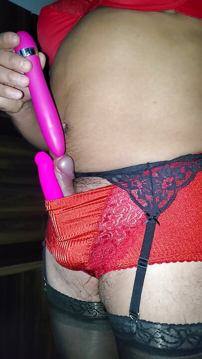 Super Shinny Red Nylon Control Panties, Nice Cumshot