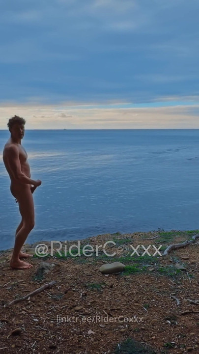 RiderCoxxx, hiking naked along the coast, showing off and cumming | Clip 1