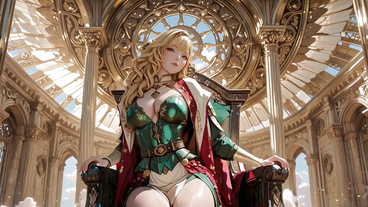Blondă Regina Îngerului! Sacred Îngenunchează într-o mare catedrală, Roba verde abia ascunde curbele ei moi