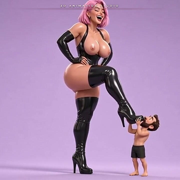 Pink-haired Latex Mistress Makes Her Tiny Man Kiss the Sole of Her Boot