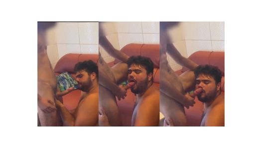 un giovane uomo bloccato il cazzo nella bocca di un grasso gay amatoriale