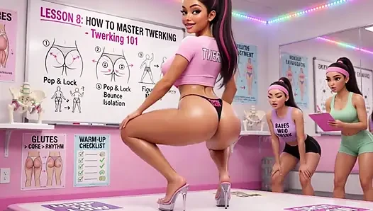 Sinnliche Twerking-Klasse mit üppigem Instructor, der fortgeschrittene Bewegungen an begeisterten Studenten unterrichtet (KI generiert)