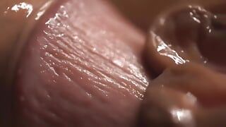 La crema sale del coño con labios como los pétalos de una flor. Macro tiro de fricción