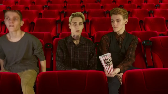 Cinema hall. Group Sex. 3some 2 tops 1 bottom