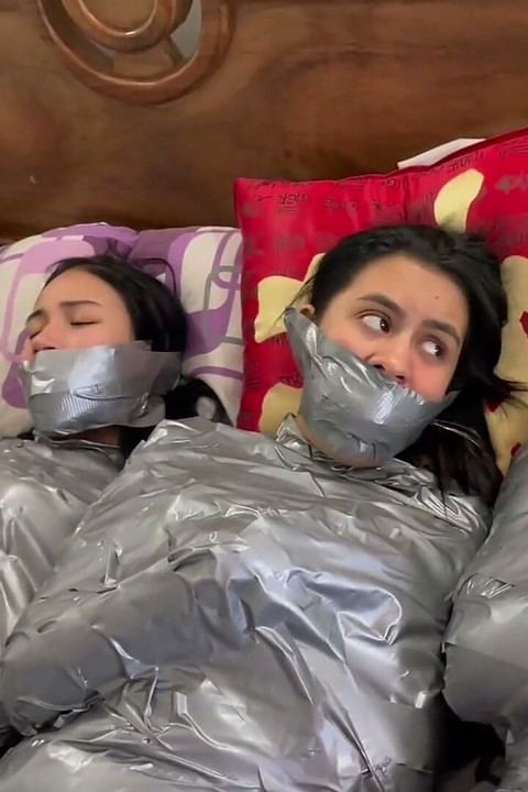 5 Mummified Girls Struggle All Wrapped up and Gagged!