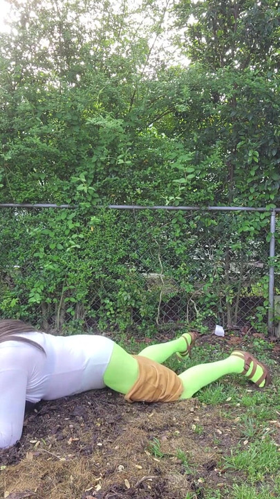 Memorable moment from "Gay crossdress tease, outdoors ground humping in pantyhose, black bra, miniskirt."