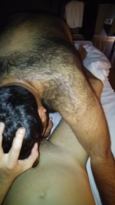 Hairy bear cub boy sucking