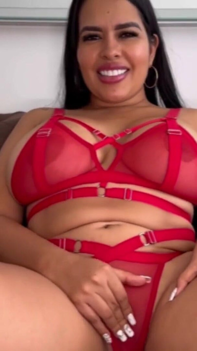 Pov Latina with huge ass in red lingerie masturbates with her BBC dildo | Clip 1