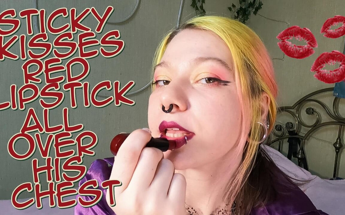 Sticky Kisses Red Lipstick All Over His Chest