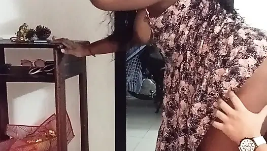 My neighbor welcomes me in a mini dress