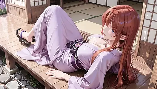 Kızıl saçlı kimono tanrıçası! Kutsal torii kapısının altında diz çöküp, sırılsıklam sırtsız kıyafetini utangaç bir bakışla ayarlıyor.