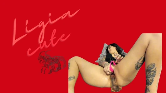 Ligia with her legs widely opened do a striptease, touch clit and prepar...