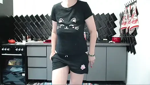 pulled black tights on beautiful legs