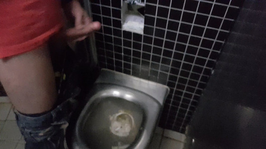 Une bite délicieuse lâche du sperme sur le mur de la salle de bain et sur les toilettes dans une aire de repos sur une autoroute en Allemagne