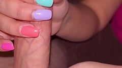 Multicoloured nails handjob with cumshot edging and milking