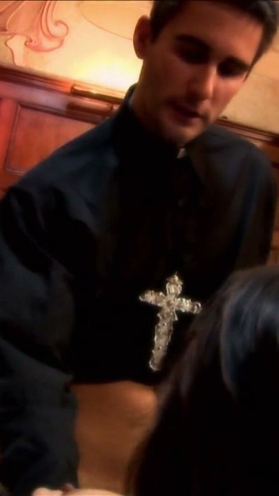 Horny priest gets to fuck a hot brunette MILF in stockings | Clip 3