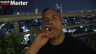 Uncut daddy smokes cigar and jerks on balcony PREVIEW