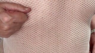 MATURE TVROSE CROSSDRESSER WHITE BODY STOCKING TEASING PERT NIPPLES AND GIRLY COCK