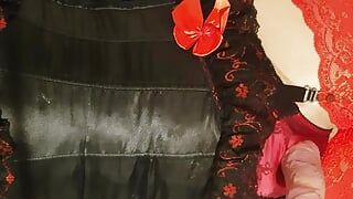 Crossdresser CorsetLover CD waks and cums in reda and black satin lingerie
