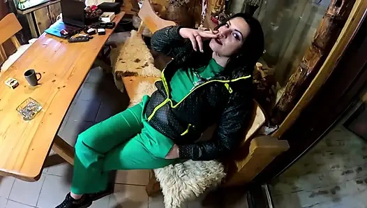 Green Downjacket Tease Smoking, Humiliation & Messy Cum Play