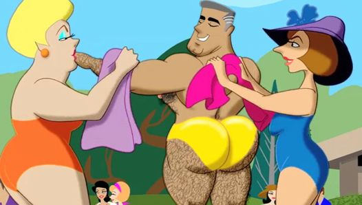 Cartoon mit Männern im Ferienclub