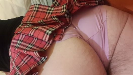 Panty boy in his slutty schoolgirl skirt & new pink panties