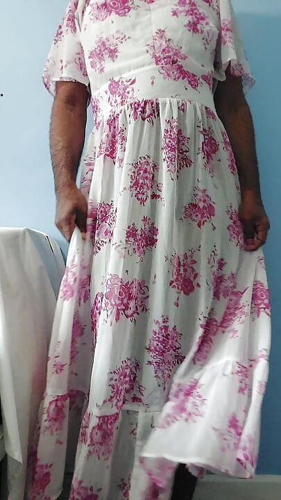 I'm dancing while masterbating in my Pink flowers Silk Seethrough Chiffon Frock