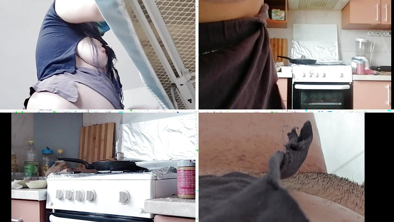 Brunette with hairy pussy, big tits, sensual and hairy woman in the kitchen. Sexy amateur wife shaving her hairy pussy.