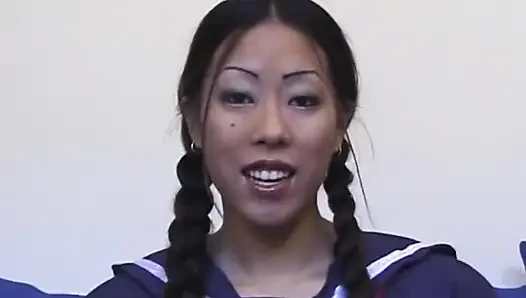 Asian babe pussy fucking big dick sucking in a college uniform...cum in mouth