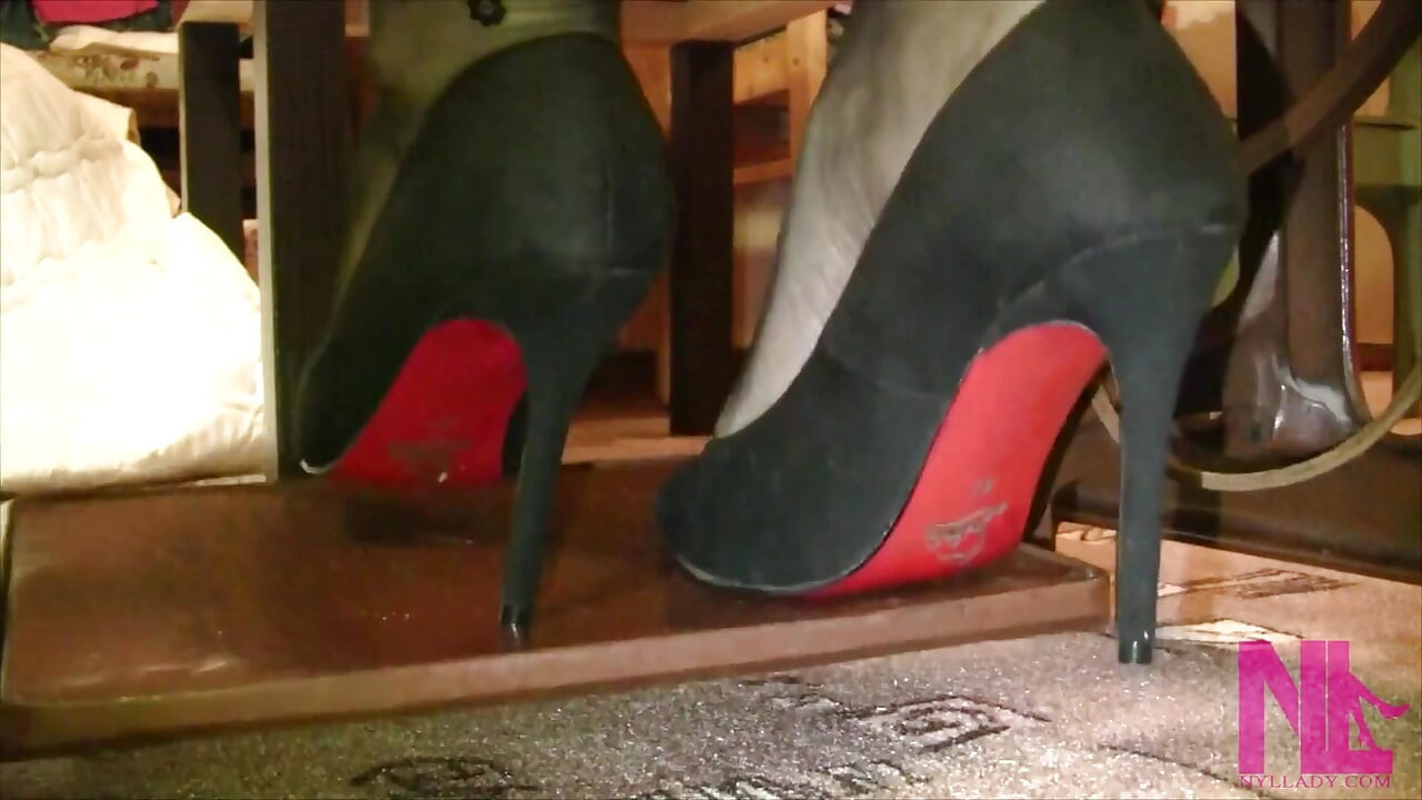 Vintage_sewing on My Granny's Old Sewing Machine in Black Pantyhose and Suede Louboutins