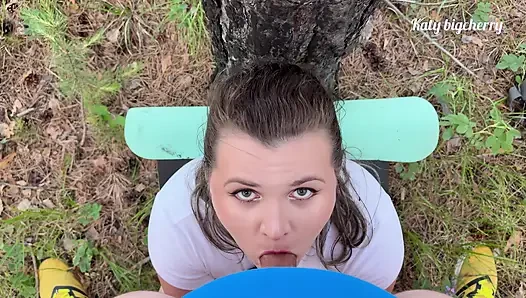 Big-boobed girl got lost in the woods, but found a dick in outdoor