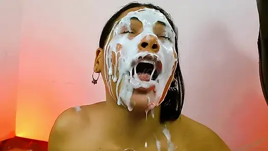 Huge Natural Tits, Ebony Girl Plays with Her Pussy and Ends with Cum on Her Face