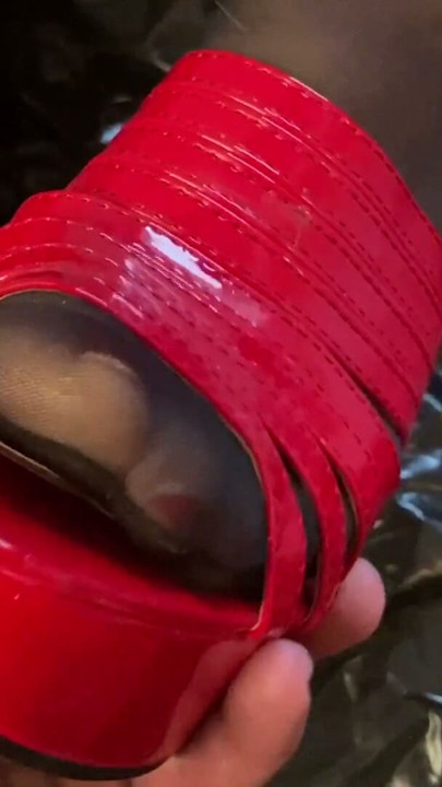 Eight pairs of red high heel mules in one session | Clip 1