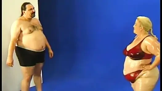 An oiled hairy BBW fucks with her fucker