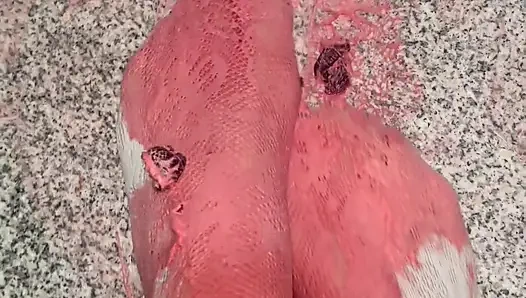 Playing with a whipped cream with my legs in white stockings