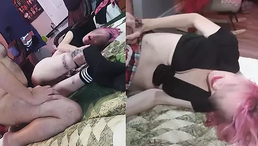 Petite white schoolgirl with braces & pink hair wearing a mini skirt gets fucked and given a facial while she smiles