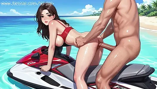 A beautiful woman in a Korean-style comic style, a Korean beauty, on a beautiful seaside motorboat! New style,   AI generated