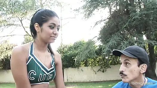 Hung white dude talked a brunette cheerleader into fucking with him