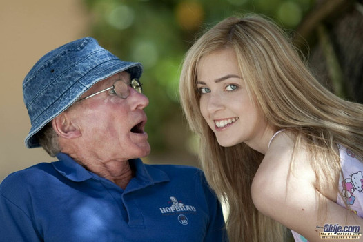 Beautiful teen sucks grandpa outdoors and she swallows it all