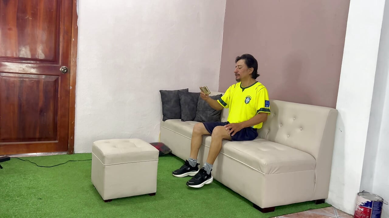 Beautiful busty Brazilian woman gives her stepfather a delicious blowjob.