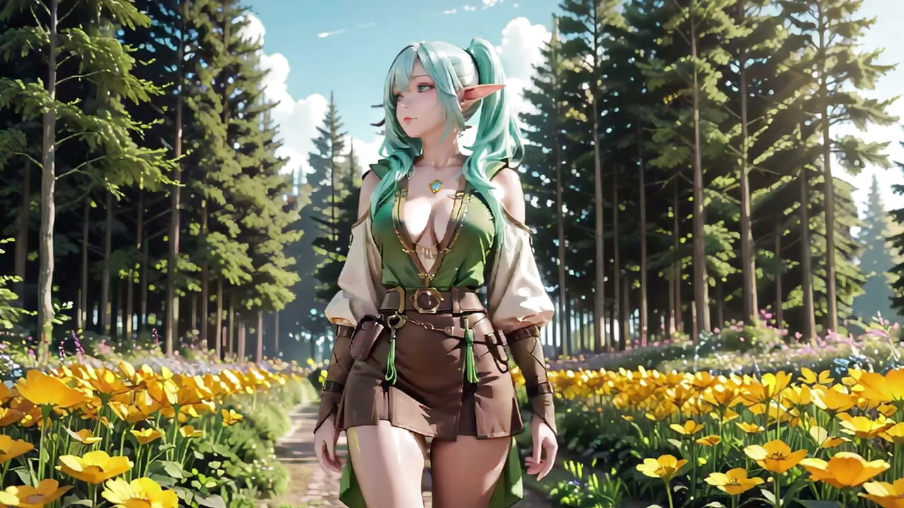 ¡Fantasía en el bosque! Elfo azul de rodillas, elfo verde provocándola, magia salpicada de sol y juegos con varitas.