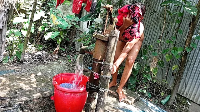 I fucked my village stepsister outside while she was taking a bath.