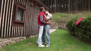 Sexy muscular guys anally fuck in the garden of the house
