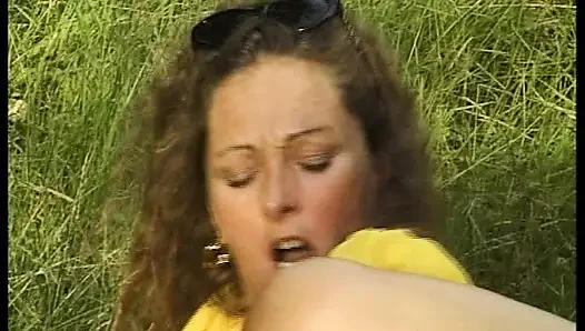 German cougar in yellow dress fucks a stranger in nature